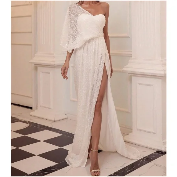 Luxe Sequin One Shoulder Evening Formal Wedding Dress - Picture 1 of 8